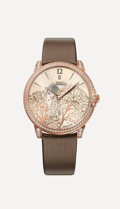 Harry Winston Midnight 靜夜系列18K玫瑰金月相腕錶,價格電洽。